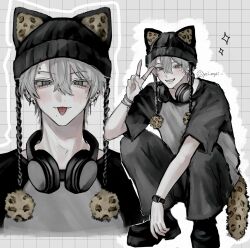 1boy absurdres animal_print black_hat black_headphones black_shoes blush bracelet cat_boy checkered_background eyebrow_piercing fangs full_body grey_background grey_eyes grey_shirt hair_between_eyes hat hat_with_ears headphones headphones_around_neck highres jewelry leopard_print leopard_tail looking_at_viewer male_focus mole mole_under_eye mole_under_mouth multiple_rings original oysi_mysi piercing pom_pom_(clothes) portrait ring shirt shoes short_hair siwoo_(oysi_mysi) skin_fangs smile sparkle squatting t-shirt tail teeth tongue_piercing twitter_username v watch wristwatch