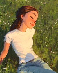 Rule 34 | 1girl, brown hair, cowboy shot, denim, earrings, from above, grass, highres, hoop earrings, jeans, jewelry, leaning back, low ponytail, on grass, original, outdoors, pants, ponytail, sam yang, shadow, shirt, smile, solo, sunlight, t-shirt, white shirt