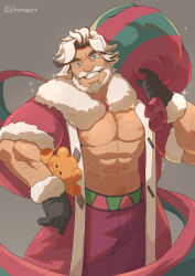 1boy abs anntee artist_name bara beard black_gloves coat commentary cookie_run cookie_run:_ovenbreak eggnog_cookie english_commentary facial_hair fur-trimmed_coat fur-trimmed_gloves fur_trim gloves grey_background grin highres holding holding_sack looking_at_viewer male_focus multicolored_hair muscular muscular_male mustache nipples pants pectorals red_coat red_pants sack smile sparkle stuffed_animal stuffed_toy