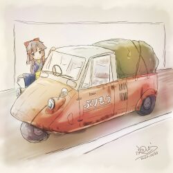 1girl 2020 20s absurdres attan_(irohiza) black_eyes blue_kimono blush bow brown_bow brown_hair dated hair_bow highres irohiza january japanese_clothes kimono long_hair long_sleeves looking_at_viewer mazda mazda_k360 motor_vehicle obi original sash smile standing truck wide_sleeves