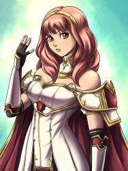 1girl absurdres armor breastplate breasts cape carlotus celica_(fire_emblem) choker cleavage dress fingerless_gloves fire_emblem fire_emblem_echoes:_shadows_of_valentia gloves highres long_hair medium_breasts nintendo orange_eyes orange_hair red_eyes red_hair solo tiara white_armor white_dress