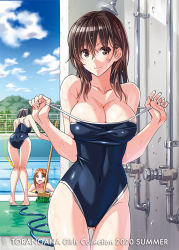 3girls bare_shoulders breasts brown_eyes brown_hair cleaning_brush cleavage clothes_pull comiket_98 commentary competition_school_swimsuit empty_pool kneepits large_breasts looking_at_viewer multiple_girls one-piece_swimsuit one-piece_swimsuit_pull open_mouth orange_hair pool pulling_own_clothes school_swimsuit smile solo_focus summer suzutsuki_kurara swimsuit toranoana undressing wet