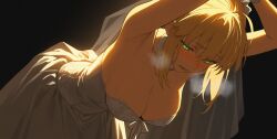 1girl artoria_pendragon_(fate) bare_arms bare_shoulders black_background blonde_hair blush bound bound_wrists braid braided_bun breasts bun_with_braided_base dress fate/stay_night fate_(series) green_eyes hair_between_eyes hair_bun highres long_hair looking_down open_mouth ponytail ringsang saber_(fate) solo strapless strapless_dress very_long_hair wedding_dress white_dress