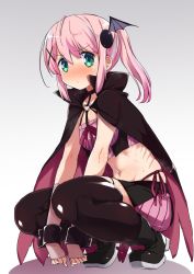1girl bat_hair_ornament between_legs black_boots black_cape black_choker black_thighhighs blush boots breasts cape chiyoda_momo choker closed_mouth collarbone commentary_request crop_top female_focus fingerless_gloves full_body gloves gradient_background green_eyes grey_background hair_between_eyes hair_ornament halterneck heart heart_o-ring heart_ring_top high_collar highres knee_boots kounosu_satori long_hair looking_at_viewer machikado_mazoku midriff navel nose_blush o-ring panties pink_gloves pink_hair pink_ribbon pink_shirt pink_skirt pleated_skirt ponytail revision ribbon shiny_clothes shiny_skin shirt side-tie_panties sidelocks skirt small_breasts solo spoilers squatting sweat sweatdrop thighhighs underwear v-shaped_eyebrows wavy_mouth white_background wrist_cuffs x_hair_ornament