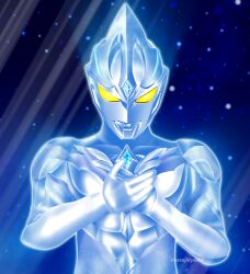 1boy abs alien alternate_skin_color aura black_skin blue_aura blue_background blue_gemstone blue_skin color_timer colored_skin commentary crystal dorsal_fin forehead_jewel gem glowing glowing_eyes hands_on_own_chest hanejidyna86 head_down highres looking_down male_focus multicolored_skin muscular muscular_male no_pupils pectorals silver_skin sky solo space star_(sky) starry_sky starry_sky_background tokusatsu ultra_series ultraman_arc ultraman_arc_(series) upper_body yellow_eyes