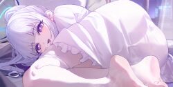 barefoot blue_archive halo heart heart-shaped_pupils highres lace lace-trimmed_panties lace_trim long_hair looking_at_viewer lying majo_(pastamajo) mechanical_halo nightgown noa_(blue_archive) noa_(pajamas)_(blue_archive) official_alternate_costume on_side pajamas panties panty_pull ponytail sleepwear smile symbol-shaped_pupils underwear white_background white_halo white_nightgown white_pajamas