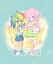 2girls :d aged_down ahoge animal_print ankle_socks aqua_border aqua_eyes bag bare_arms bare_shoulders blonde_hair blue_hair blue_shirt blue_shoes blue_shorts border bracelet butterfly_print chengzi82020 child chinese_commentary closed_mouth commentary_request cutie_mark denim denim_shorts dress english_text eyes_visible_through_hair face-to-face fluttershy fluttershy_(equestria_girls) food full_body green_dress green_hair hair_ornament hair_over_one_eye halftone halftone_background highres holding holding_food holding_ice_cream_cone ice_cream ice_cream_cone jewelry long_hair looking_at_another mary_janes medium_dress multicolored_hair multiple_girls my_little_pony my_little_pony:_equestria_girls my_little_pony:_friendship_is_magic open_mouth orange_hair outside_border pink_hair pink_shoes purple_hair rainbow_dash rainbow_dash_(equestria_girls) rainbow_hair red_eyes red_hair shirt shoes short_sleeves shorts shoulder_bag simple_background sleeveless sleeveless_dress smile socks sparkle spoken_blush standing streaked_hair white_bag white_socks yellow_background yuri