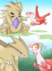 Rule 34 | blue flower, blush, claws, closed mouth, fangs, flower, gen 2 pokemon, gen 3 pokemon, hair flower, hair ornament, highres, holding, latias, legendary pokemon, nintendo, no humans, open mouth, outdoors, pokemon, pokemon (creature), sitting, tyranitar, watashihae, yellow eyes