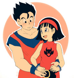 Rule 34 | 1boy, 1girl, aonik, bare shoulders, belt, black eyes, black hair, blue eyes, blush, bracelet, breasts, couple, dragon ball, dragonball z, dress, hairband, jewelry, open mouth, short hair, son gohan, videl