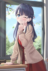 Rule 34 | 1girl, ;d, absurdres, alt text, asumi dori, blue eyes, blue hair, blue ribbon, blue sky, branch, brown cardigan, brown dress, cardigan, cloud, commentary request, cowboy shot, day, desk, dress, finger to cheek, grin, hair ribbon, half updo, hasu no sora school uniform, highres, indoors, light particles, link! like! love live!, long hair, long sleeves, love live!, murano sayaka, neckerchief, one eye closed, open cardigan, open clothes, open mouth, pen, pencil case, pleated dress, red neckerchief, red ribbon, ribbon, sailor collar, sailor dress, school desk, school uniform, sky, smile, solo, virtual youtuber, white sailor collar, window, winter uniform