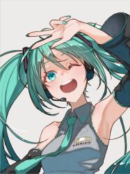 1girl aqua_eyes aqua_hair breasts copyright_name hatsune_miku highres looking_at_viewer one_eye_closed open_mouth smile solo teeth upper_body upper_teeth_only ve_0ekaki vocaloid w