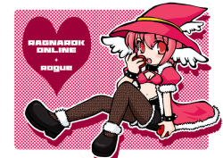 1girl apple black_shoes black_shorts blush bra breasts character_name chibi chibi_only cleavage coat commentary_request copyright_name feathered_wings fishnet_pantyhose fishnets food fruit full_body fur-trimmed_coat fur-trimmed_shorts fur_trim hat head_wings heart holding holding_food holding_fruit looking_at_viewer medium_breasts midriff navel open_clothes open_coat open_mouth pantyhose pink_eyes pink_hair polka_dot polka_dot_background ragnarok_online red_background red_bra red_coat red_hat rogue_(ragnarok_online) shoes short_shorts short_sleeves shorts solo underwear white_wings wings witch_hat yazawa_kazuki