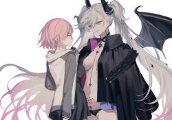 2girls black_dress black_jacket black_panties breasts dress fate/grand_order fate_(series) glasses green_eyes highres horns jacket lilith_(fate) long_hair mash_kyrielight multiple_girls navel panties pink_hair pointy_ears short_hair smile twintails underwear uxco0 white_background white_hair white_jacket wings