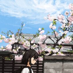 1girl absurdres backpack bag black_eyes black_hair blue_sky brick_wall building cherry_blossoms cloud from_side gate highres house original profile scenery shirt short_hair sky solo uniunimikan urban white_shirt