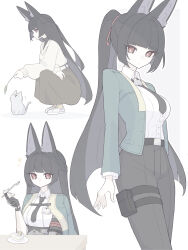 1girl absurdres animal_ears black_gloves black_hair black_necktie black_pants blue_jacket braid brown_skirt cake cake_slice cat closed_mouth collared_shirt commentary_request fingerless_gloves food fork fox_ears gloves half_up_braid highres holding holding_fork holster hoshimi_miyabi jacket long_hair multiple_views necktie pants ponytail red_eyes shirt shoes simple_background skirt sweater thigh_holster white_background white_cat white_shirt white_shoes white_sweater zenless_zone_zero zzzii0