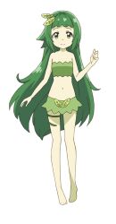 1girl abe_tomoyuki bandeau bare_shoulders barefoot blunt_bangs clenched_hand closed_mouth fairy feri_(beheneko) full_body green_bandeau green_eyes green_hair hair_ornament ivy leaf leaf_ornament long_hair looking_at_viewer mini_person minigirl miniskirt navel official_art s-rank_monster_no_&quot;behemoth&quot;_dakedo_neko_to_machigawarete_elf_musume_no_pet_toshite_kurashitemasu simple_background skirt smile solo standing tareme thighs transparent_background very_long_hair