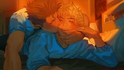 2boys absurdres ace_of_diamond bed blonde_hair blue_shirt brown_hair closed_eyes commentary earrings euforri highres jewelry kiss kissing_cheek kuramochi_youichi long_sleeves male_focus multiple_boys narumiya_mei on_bed open_mouth ring shirt smile teeth yaoi