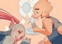 2girls alphys blue_eyes blue_shorts blue_skin blue_tank_top colored_skin cup electric_fan fins glasses head_fins highres holding holding_cup hot long_hair monyorun multiple_girls nervous_smile open_mouth ponytail red_hair shorts smile sweat tail tank_top tongue tongue_out twitter_username undertale undyne yellow_background yellow_fur