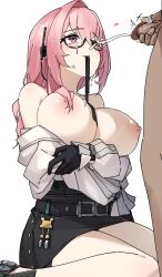 Rule 34 | 1boy, 1girl, black-framed eyewear, black gloves, black ribbon, black skirt, blush, breasts, censored, cum, cum on body, cum on eyewear, ejaculation, facial, glasses, gloves, heart, highres, large breasts, long hair, long sleeves, looking up, male masturbation, masturbation, mosaic censoring, mouth hold, nipples, nouka, penis, pink eyes, pink hair, ribbon, ribbon in mouth, semi-rimless eyewear, shirt, simple background, single hair intake, sitting, skirt, solo focus, thighs, tsukishiro yanagi, under-rim eyewear, wariza, white background, white shirt, zenless zone zero