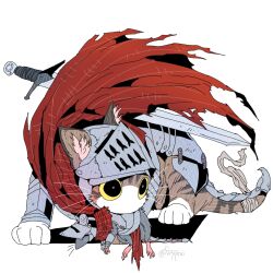 armored_animal brown_cat cape cat fryprai full_body helmet highres knight mouse_(animal) no_humans original red_cape simple_background sword torn_cape torn_clothes twitter_username weapon white_background