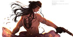 Rule 34 | 1boy, absurdres, aiming down, back, back tattoo, bandages, black gloves, black hair, closed mouth, commentary request, floating hair, gloves, gun, hair bun, half updo, handgun, highres, holding, holding gun, holding weapon, izou (one piece), japanese clothes, kimono, long hair, male focus, one piece, profile, purple kimono, sak4018, solo, tattoo, topless male, twitter username, upper body, weapon, white background