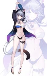 1girl ;3 absurdres animal_ear_fluff animal_ears aqua_eyes arms_up bandeau bikini black_choker black_jacket blush breasts cat_ears cat_tail choker cipher_(honkai:_star_rail) commentary grey_hair groin high_heels highres honkai:_star_rail honkai_(series) hood jacket kyundoo large_breasts looking_at_viewer medium_hair mole mole_on_chest navel one_eye_closed open_clothes open_jacket simple_background standing stomach strapless strapless_bikini stretching swimsuit tail thighs white_background zoom_layer