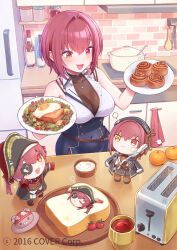 1girl :d a-ka bare_arms bicorne black_skirt bob_cut bodystocking bread bread_slice breasts buttons chibi cinnamon_roll collared_shirt commentary_request cooking_pot copyright_notice covered_navel dokuro-kun_(houshou_marine) double-breasted earrings eyepatch food fried_egg fried_egg_on_toast hair_intakes hat heterochromia high-waist_skirt holding holding_plate hololive houshou_marine houshou_marine_(1st_costume) houshou_marine_(businesswoman) indoors jewelry ladle large_breasts necklace official_alternate_costume official_art open_mouth partially_unbuttoned plate red_eyes red_hair refrigerator shirt shirt_tucked_in short_hair side_slit skirt sleeveless sleeveless_shirt slice_of_life smile solo teeth toast tongs upper_teeth_only virtual_youtuber white_shirt yellow_eyes