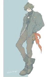 1boy bakurobingi bangboo_(zenless_zone_zero) black_hair black_pants black_shirt black_shoes coat compression_shirt full_body green_coat hand_in_pocket highres lighter_(zenless_zone_zero) male_focus pants shirt shoes short_hair sunglasses zenless_zone_zero