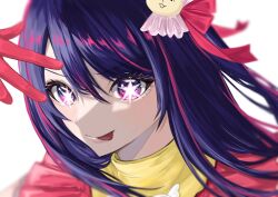 1girl commentary_request gloves hair_ornament hand_up highres hoshino_ai long_hair looking_at_viewer met61375931 multicolored_hair oshi_no_ko pink_eyes pink_gloves pink_hair portrait purple_eyes purple_hair rabbit_hair_ornament simple_background solo star-shaped_pupils star_(symbol) streaked_hair symbol-shaped_pupils tongue white_background