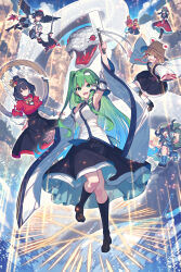 6+girls :d aki_minoriko aki_shizuha arm_ribbon arm_up armpits backpack bad_source bag barefoot black_hair black_ribbon black_shirt black_skirt black_socks black_thighhighs black_wings blonde_hair blue_skirt blue_sky boots brown_boots brown_hat brown_shoes carrying carrying_person closed_mouth cloud collared_shirt day detached_sleeves feathered_wings flying frilled_ribbon frills frog_hair_ornament front_ponytail geta gohei gradient_clothes gradient_skirt green_bag green_eyes green_hair green_hat hair_ornament hair_ribbon hat hauchiwa highres holding holding_gohei holding_shield holding_sword holding_weapon inubashiri_momiji kagiyama_hina kawashiro_nitori kneehighs kochiya_sanae layered_sleeves leaf_hair_ornament long_hair long_sleeves long_tongue looking_at_viewer mishaguji mob_cap moriya_suwako mountain_of_faith multiple_girls neck_ribbon open_mouth orange_hat orange_skirt outdoors outstretched_arms own_hands_clasped own_hands_together pentagram pom_pom_(clothes) puffy_short_sleeves puffy_sleeves purple_hair purple_skirt purple_vest red_eyes red_hat red_ribbon red_sandals red_shirt red_shoes red_skirt ribbon sandals shameimaru_aya shield shirt shoes short_hair short_over_long_sleeves short_sleeves skirt sky smile snake snake_hair_ornament socks spread_arms sword tengu-geta thighhighs tokin_hat tongue tongue_out touhou tress_ribbon very_long_hair very_long_tongue vest water weapon white_hair white_sleeves white_thighhighs wide_sleeves wings yasaka_kanako yellow_eyes zounose