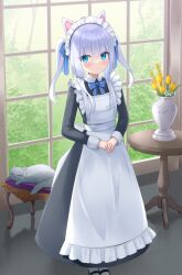 Rule 34 | 1girl, animal, animal ears, apron, black dress, black shoes, blue bow, blue eyes, blush, bow, cat, closed mouth, collared dress, commentary request, day, dress, flower, frilled apron, frills, grey hair, hair bow, highres, indoors, long hair, long sleeves, looking at viewer, maid, maid apron, maid headdress, original, own hands together, pantyhose, shoes, shuuichi (gothics), sidelocks, solo, standing, table, tulip, twintails, vase, white flower, white pantyhose, window, yellow flower