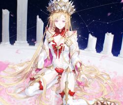 1girl blonde_hair bracelet breasts cleavage column crown europa_(fate) fate/grand_order fate_(series) high_heel_sandals high_heels highres jewelry kneeling long_hair medium_breasts navel pillar pink_eyes red_nails sandals solo thighhighs uda_(xax_057) very_long_hair