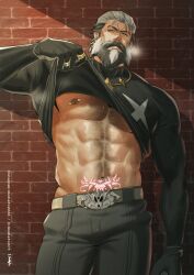 1boy abs bara beard black_gloves black_hair black_pants black_shirt brick_wall closed_eyes clothes_lift commentary doodlefish english_commentary facial_hair gloves grey_hair highres instagram_username long_sleeves male_focus multicolored_hair muscular muscular_male mustache navel nipple_piercing nipples pants pectoral_cleavage pectorals piercing pompey_(zenless_zone_zero) pubic_tattoo shirt shirt_lift signature steam swept_bangs tattoo twitter_username zenless_zone_zero