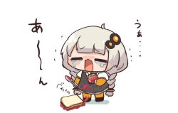 1girl braid bread chibi crying food jam kizuna_akari long_hair nontao simple_background solo spoon twin_braids vocaloid white_background white_hair