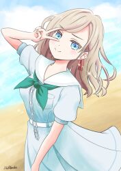 1girl alt_text artist_name beach black_ribbon blue_dress breast_pocket breasts ceras_yanagida_lilienfeld commentary_request cowboy_shot dress futtenten green_neckerchief grey_hair hair_ribbon hasu_no_sora_school_uniform highres large_breasts link!_like!_love_live! long_hair looking_at_viewer love_live! medium_dress neckerchief outdoors pink_ribbon pleated_dress pocket puffy_short_sleeves puffy_sleeves ribbon sailor_collar sailor_dress school_uniform short_sleeves signature solo standing summer_uniform v v_over_eye virtual_youtuber white_sailor_collar