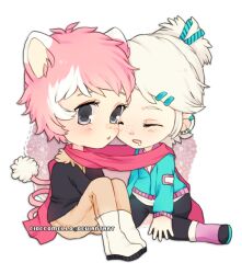 2boys :o animal_ears art_trade black_jacket black_pants blue_jacket boots borrowed_character brown_pants cat_ears chibi cinnamon_stick cioccomello closed_eyes commentary deviantart_username ear_piercing english_commentary eyelashes freckles fur-trimmed_jacket fur_trim grey_eyes hair_ornament hairclip hairpin heads_together jacket light_blush looking_ahead male_focus multicolored_hair multiple_boys multiple_piercings open_mouth original pants piercing pink_hair pink_scarf pom_pom_(clothes) ponytail purple_boots scarf shirt short_hair short_ponytail streaked_hair swept_bangs transparent_background updo white_boots white_hair white_shirt yaoi
