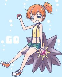 1girl armpits asymmetrical_hair breasts denim denim_shorts gen_1_pokemon green_eyes green_shorts gym_leader misty_(pokemon) mizuki_maya navel nintendo pokemon pokemon_(anime) pokemon_(classic_anime) ponytail shirt shoes short_hair short_shorts shorts side_ponytail solo starmie suspender_shorts suspenders tank_top yellow_shirt