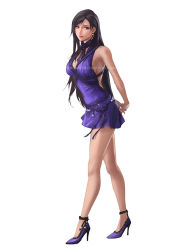 1girl arms_behind_back bare_arms bare_legs black_hair blue_dress blue_footwear breasts choker crescent crescent_earrings dress earrings final_fantasy final_fantasy_vii final_fantasy_vii_remake full_body high_heels jewelry large_breasts long_hair looking_to_the_side official_alternate_costume parted_lips red_eyes ribbon_choker short_dress solo spykeee square_enix tifa_lockhart tifa_lockhart_(refined_dress) wall_market white_background
