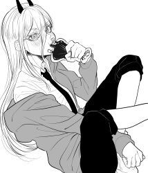 1girl blood blood_bag blush chainsaw_man collared_shirt commentary_request cross-shaped_pupils demon_girl demon_horns drinking greyscale hair_between_eyes haru_rice highres horns jacket long_hair long_hair_between_eyes monochrome necktie pants pants_rolled_up power_(chainsaw_man) shirt solo symbol-shaped_pupils