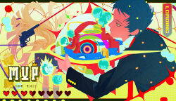1boy aaa_(tungulamian) adachi_tooru amagi_yukiko ameno_sagiri_(persona) anger_vein black_hair black_jacket closed_mouth commentary doujima_nanako doujima_ryoutarou english_commentary english_text eyelashes gun handgun health_bar heart highres izanagi_(persona_4) jacket kujikawa_rise long_sleeves looking_at_viewer male_focus narukami_yu persona persona_4 satonaka_chie shirogane_naoto short_hair weapon yellow_eyes