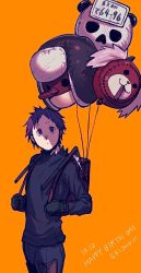 1girl backpack bag balloon black_gloves cameo character_name cowboy_shot dated dorohedoro ebisu_(dorohedoro) english_text expressionless fujita_(dorohedoro) gloves highres ki_(mxxxx) kikurage_(dorohedoro) long_sleeves looking_to_the_side looking_up orange_background pants scythe shirt short_hair simple_background solo torn_clothes torn_shirt weapon