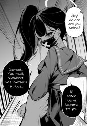 Rule 34 | 1girl, absurdres, bandaid, bandaid on face, bandaid on forehead, blue archive, clover dot (clov erd), covered mouth, delinquent, english text, greyscale, halo, highres, holding another&#039;s wrist, indoors, long hair, long sleeves, looking at viewer, looking back, mask, monochrome, mouth mask, pov, pov hands, shirt, side ponytail, skirt, solo focus, speech bubble, sukeban, sukeban (smg) (blue archive), surgical mask