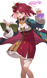 1girl absurdres atelier_(series) atelier_sophie atelier_sophie_2 blush book braid breasts brown_eyes commentary_request dress fang feet_out_of_frame flask flower green_jacket hair_flower hair_ornament hands_up highres holding holding_book holding_flask jacket long_sleeves looking_at_viewer medium_breasts one_eye_closed open_clothes open_jacket open_mouth pink_hair red_dress red_flower red_rose rose short_hair side_braid simple_background skin_fang smile solo sophie_neuenmuller standing summer_(724788381) white_background