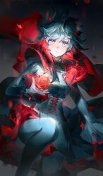 1girl black_corset black_dress black_pantyhose closed_mouth corset dress expressionless flower grey_eyes highres holding holding_flower long_sleeves looking_at_viewer multicolored_hair pantyhose petals petticoat red_flower red_petals red_petticoat red_rose rose rose_petals ruby_rose rwby short_hair signature solo squatting two-tone_hair yuji_(fantasia)