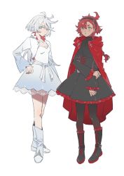 Rule 34 | 2girls, blue eyes, boots, cape, chiko (berry), cosplay, cross, crossover, frilled skirt, frills, grey eyes, gundam, gundam suisei no majo, hairband, highres, jewelry, miorine rembran, multiple girls, necklace, pantyhose, red hair, ruby rose, ruby rose (cosplay), rwby, skirt, suletta mercury, weiss schnee, weiss schnee (cosplay), white hair