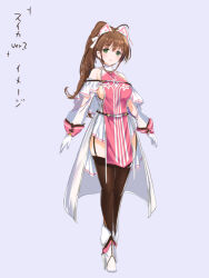 1girl akikawa_suika animal_ear_hairband animal_ears black_thighhighs blush breasts brown_hair cat_ear_hairband cat_ears commentary_request concept_art fake_animal_ears fantasy garter_straps girls_frantic_clan gloves green_eyes hairband high_heels high_ponytail long_hair looking_at_viewer official_art ponytail priestess sideboob simple_background skindentation smile solo thighhighs translated white_gloves yaegashi_nan