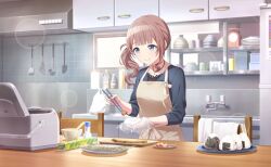 1girl apron bag black_shirt blue_eyes blurry bokeh bowl brown_apron brown_hair chair chopsticks closed_mouth colorful_palette depth_of_field echo_my_melody_(project_sekai) food holding holding_chopsticks jar kitchen ladle looking_at_viewer medium_hair mochizuki_honami nori_(seaweed) official_art onigiri plate project_sekai rice shelf shirt side_ponytail smile solo table third-party_source