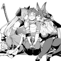 1boy 2girls absurdres animal_ears armor bare_shoulders belt blush braid breastplate breasts closed_eyes crown_braid detached_sleeves draph dress extra_ears galleon_(granblue_fantasy) gauntlets gloves gran_(granblue_fantasy) granblue_fantasy greyscale hair_over_one_eye half_gloves highres horns japanese_clothes jewelry katana keoya_(keoya_01) kimono large_breasts licking long_hair long_sleeves monochrome multiple_girls narmaya_(granblue_fantasy) narmaya_(holiday)_(granblue_fantasy) necklace open_mouth pauldrons pelvic_curtain pointy_ears seiza short_hair shoulder_armor single_pauldron sitting sleeveless sleeveless_kimono swept_bangs sword thigh_strap thighhighs thighs tongue tongue_out two-tone_dress weapon wide_sleeves