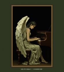 1girl black_hair border closed_eyes english_text feathered_wings from_side grand_piano green_border highres inset_border instrument looking_at_object music muted_color onlypixeeels original ornate_border outstretched_foot piano piano_bench pixel_art playing_instrument playing_piano robe sepia short_hair sitting slouching solo very_long_robe wings