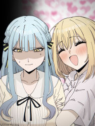 2girls arm_hug bang_dream! bang_dream!_it&#039;s_mygo!!!!! black_ribbon blonde_hair blue_hair blush closed_eyes closed_mouth commentary_request gloom_(expression) hair_ribbon heart highres long_hair medium_hair misumi_uika multiple_girls nagomu_7_56 neck_ribbon open_mouth ribbon shirt short_sleeves sidelocks sweatdrop togawa_sakiko white_shirt yellow_eyes yuri